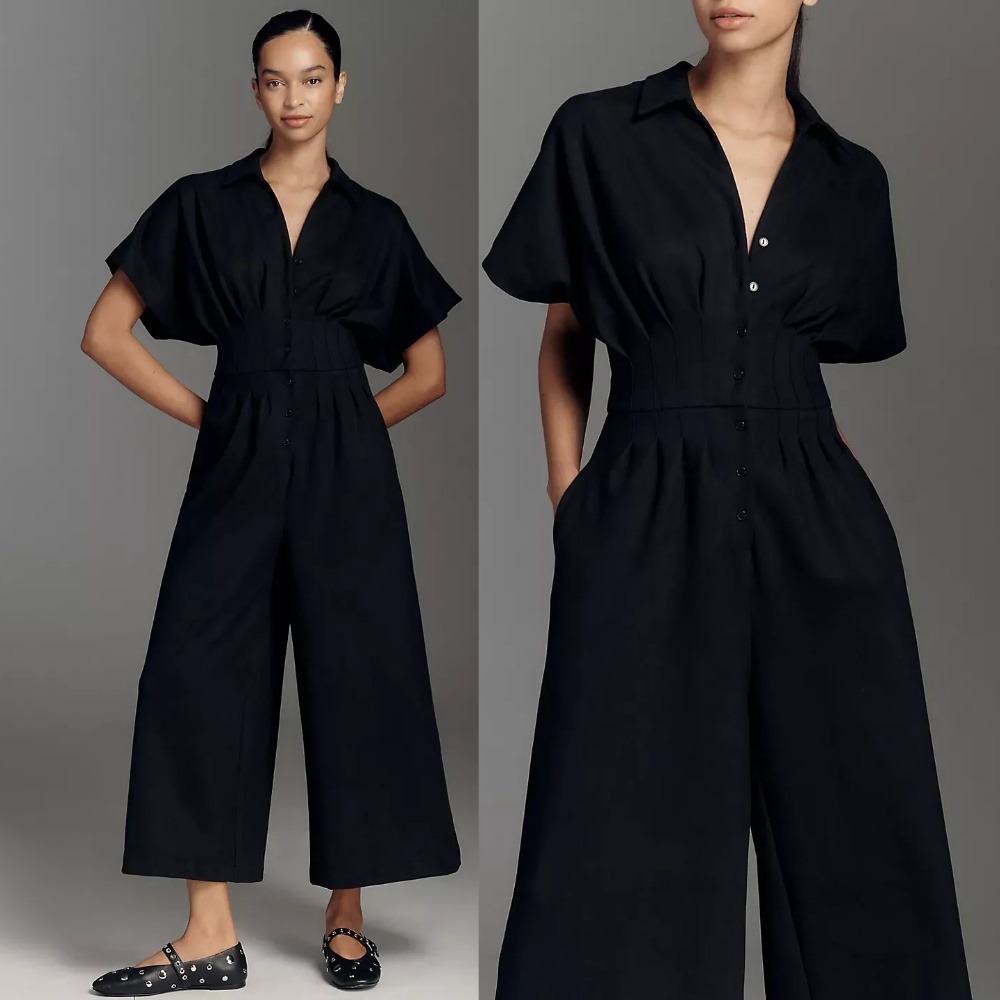 NWT Anthropologie Exquise Tobie Jumpsuit Large Black Pleated Faux Suede Wide Leg
